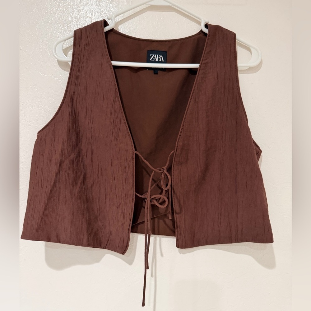 Zara Chocolate Brown Sleeveless Tie-Front Crop Top Vest size S